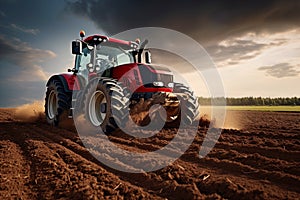 Land that is being cultivated in field at preparation stage of spring prior to sowing is plowed by tractor
