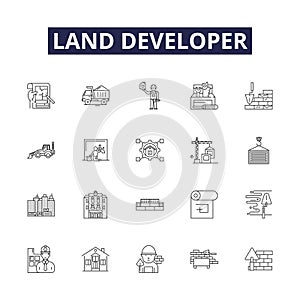 Land developer line vector icons and signs. Landlord, Investor, Broker, Constructor, Builder, Developer, Planner