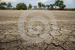 Land with dry and cracked ground. Desert