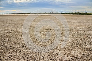 Land with dry and cracked ground. Desert