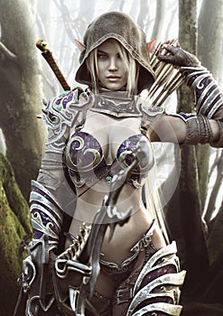The land of the elves . Portrait of a fantasy heavily armored hooded dark elf female archer warrior