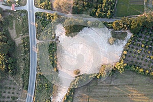 Land, field and soil backfill in aerial view