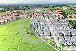 Land and housing estate in aerial view.