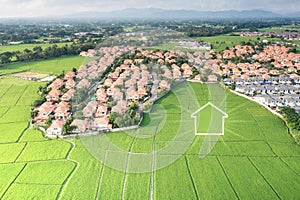 Land or landscape of green field in aerial view.