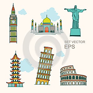 Land mark travel and holiday set vector. hand drawing