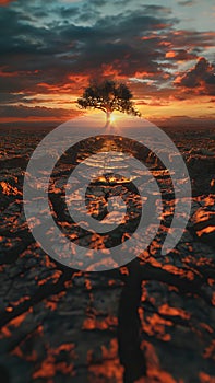 The land is parched and cracked under the setting sun. Dead tree stand in front of red sky. It is a symbol of drought,