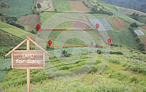 Land plot or land lot. Consist of aerial view of green field, position point and boundary line to show location and area. That is