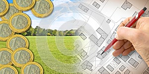 Land registry fees in European Union - concept with an imaginary cadastral map of territory with buildings and land parcel against