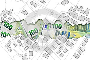 Land registry fees in European Union - concept with an imaginary cadastral map of territory with buildings and land parcel against