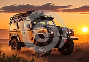 Land Rover jeep in Africa safari at sunset