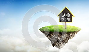 Land for sale sign on cubicle soil and geology cross section with green grass. fantasy floating island natural landscape with