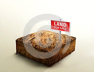 Land for sale sign on empty dry soil land plot for housing construction project, ground ecology isolated on light color