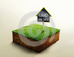 Land for sale sign on grass and geology cross section with soil, ground ecology isolated on light color. real estate investment