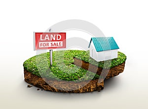 Land for sale sign and Model house on round soil ground cross section with earth land and green grass, ground ecology isolated on