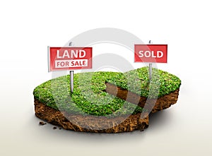 Land for sale sign and land sold sign on round soil ground cross section with earth land and green grass, ground ecology isolated