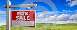 Land for sale wooden placard in the countryside, green field landscape background, 3d illustration