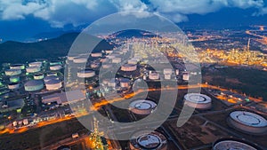 Land scape of Oil refinery plant from bird eye view on night