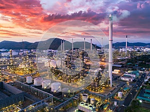 Land scape of Oil refinery plant from bird eye view on night