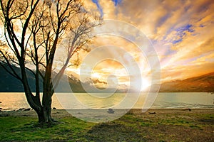 land scape of sun rising sky behind natural lake and snow mountain in new zealand