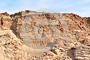 Land structure in open pit mining. Ground background in quarry. Rock texture during earthworks. Sand background