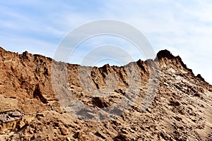 Land structure in open pit mining. Ground background in quarry. Rock texture during earthworks. Sand background and Earth crust