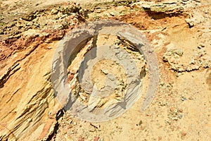 Land structure in open pit mining. Ground background in quarry. Rock texture during earthworks. Sand background and Earth`s crust