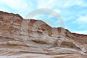 Land structure in open pit mining. Ground background in quarry. Rock texture during earthworks. Sand background and Earths crust