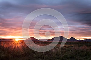 Land at sunset in iceland