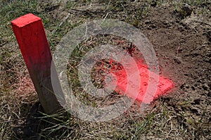 Land survey. Boundary stone marked with neon colour