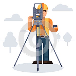 Land survey and civil engineer working with his equipment. Surveyor with theodolite. Flat style modern vector