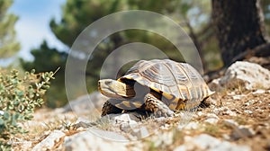 The Land turtle in its natural environment. A wild animal of Greece Hermanns tortoise. Generative AI