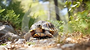 The Land turtle in its natural environment. A wild animal of Greece Hermanns tortoise. Generative AI