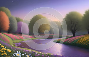 Landcsape of nature featuring river, trees, flowers, peaceful sky and mountains during sunset, sunrise or night. AI Generated