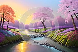 Landcsape of nature featuring river, trees, flowers, peaceful sky and mountains during sunset, sunrise or night. AI Generated