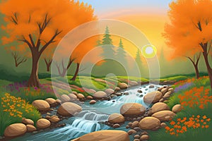 Landcsape of nature featuring river, trees, flowers, peaceful sky and mountains during sunset, sunrise or night. AI Generated