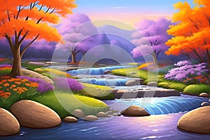 Landcsape of nature featuring river, trees, flowers, peaceful sky and mountains during sunset, sunrise or night. AI Generated