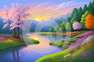 Landcsape of nature featuring river, trees, flowers, peaceful sky and mountains during sunset, sunrise or night. AI Generated