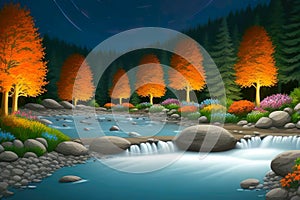 Landcsape of nature featuring river, trees, flowers, peaceful sky and mountains during sunset, sunrise or night. AI Generated