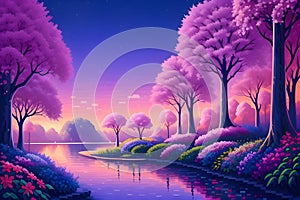 Landcsape of nature featuring river, trees, flowers, peaceful sky and mountains during sunset, sunrise or night. AI Generated