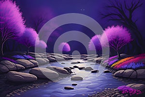 Landcsape of nature featuring river, trees, flowers, peaceful sky and mountains during sunset, sunrise or night. AI Generated