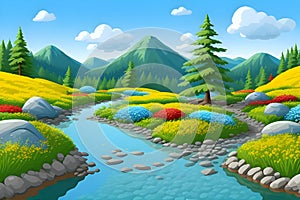 Landcsape of nature featuring river, trees, flowers, peaceful sky and mountains during sunset, sunrise or night. AI Generated