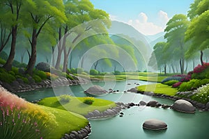 Landcsape of nature featuring river, trees, flowers, peaceful sky and mountains during sunset, sunrise or night. AI Generated