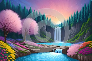 Landcsape of nature featuring river, trees, flowers, peaceful sky and mountains during sunset, sunrise or night. AI Generated