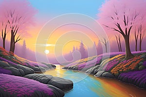 Landcsape of nature featuring river, trees, flowers, peaceful sky and mountains during sunset, sunrise or night. AI Generated