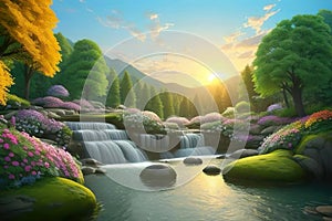 Landcsape of nature featuring river, trees, flowers, peaceful sky and mountains during sunset, sunrise or night. AI Generated