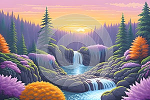 Landcsape of nature featuring river, trees, flowers, peaceful sky and mountains during sunset, sunrise or night. AI Generated