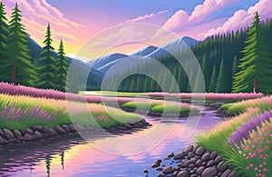 Landcsape of nature featuring river, trees, flowers, peaceful sky and mountains during sunset, sunrise or night. AI Generated