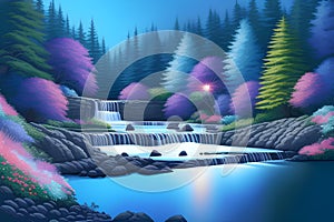 Landcsape of nature featuring river, trees, flowers, peaceful sky and mountains during sunset, sunrise or night. AI Generated