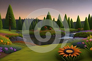 Landcsape of nature featuring river, trees, flowers, peaceful sky and mountains during sunset, sunrise or night. AI Generated