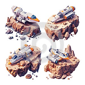 Landed spaceship isometric vector concept. Rock stone asteroid surface planet interplanetary carrier spacecraft galactic